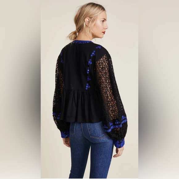 Free People Womens Boogie All Night Blouse size M Black Puff Sleeve V-Neck - Picture 5 of 6